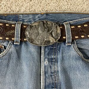 VINTAGE  Men's BERGAMOT Brass 3D UNICORN & CASTLE Buckle LEATHER Laced BELT